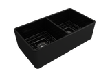 BOCCHI 1139-004-0120 Classico Farmhouse Apron Front Fireclay 33 in. Double Bowl Kitchen Sink with Protective Bottom Grids and Strainers in Matte Black