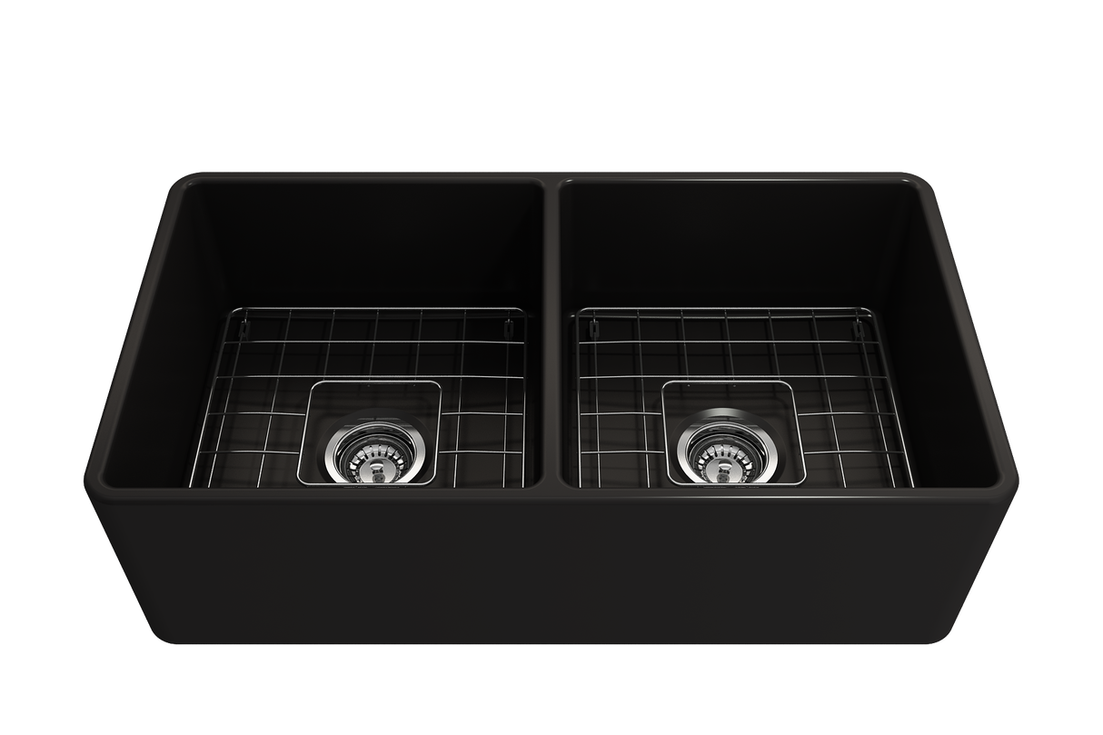 BOCCHI 1139-004-0120 Classico Farmhouse Apron Front Fireclay 33 in. Double Bowl Kitchen Sink with Protective Bottom Grids and Strainers in Matte Black