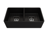 BOCCHI 1139-004-0120 Classico Farmhouse Apron Front Fireclay 33 in. Double Bowl Kitchen Sink with Protective Bottom Grids and Strainers in Matte Black