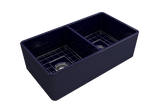 BOCCHI 1139-010-0120 Classico Farmhouse Apron Front Fireclay 33 in. Double Bowl Kitchen Sink with Protective Bottom Grids and Strainers in Sapphire Blue