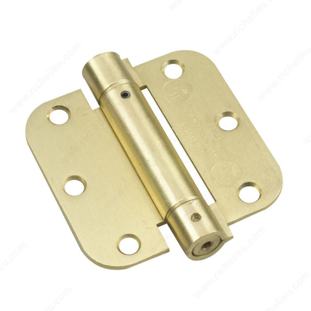 Richelieu 52821BR 3 1/2" Full Mortise Adjustable Spring Hinge, Brass, Adjustable Spring, 1/4" Radius, Non-Removable Pin, Assembled, 0.098 in
