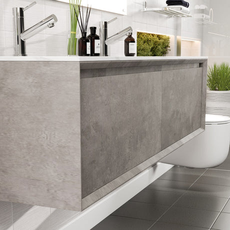 Aurora 60 in. Concrete Gray Wall Mount Double Sink  Bath Vanity with Carrara Quartz Top and Undermount Porcelain Sinks