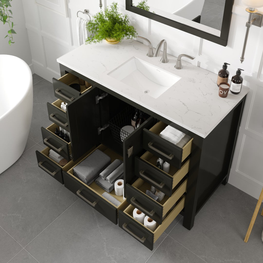 Aberdeen 42 in. Espresso Single Sink Bath Vanity with Carrara Quartz Top and Undermount Porcelain Sink
