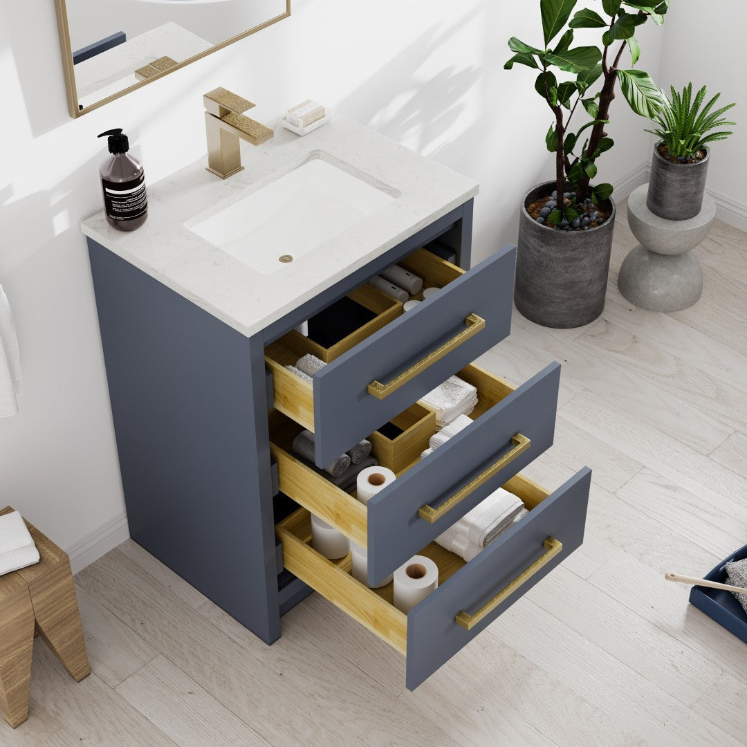 Curio 24 in. Dark Blue Single Sink Bath Vanity with Carrara Quartz Top and Undermount Porcelain Sink
