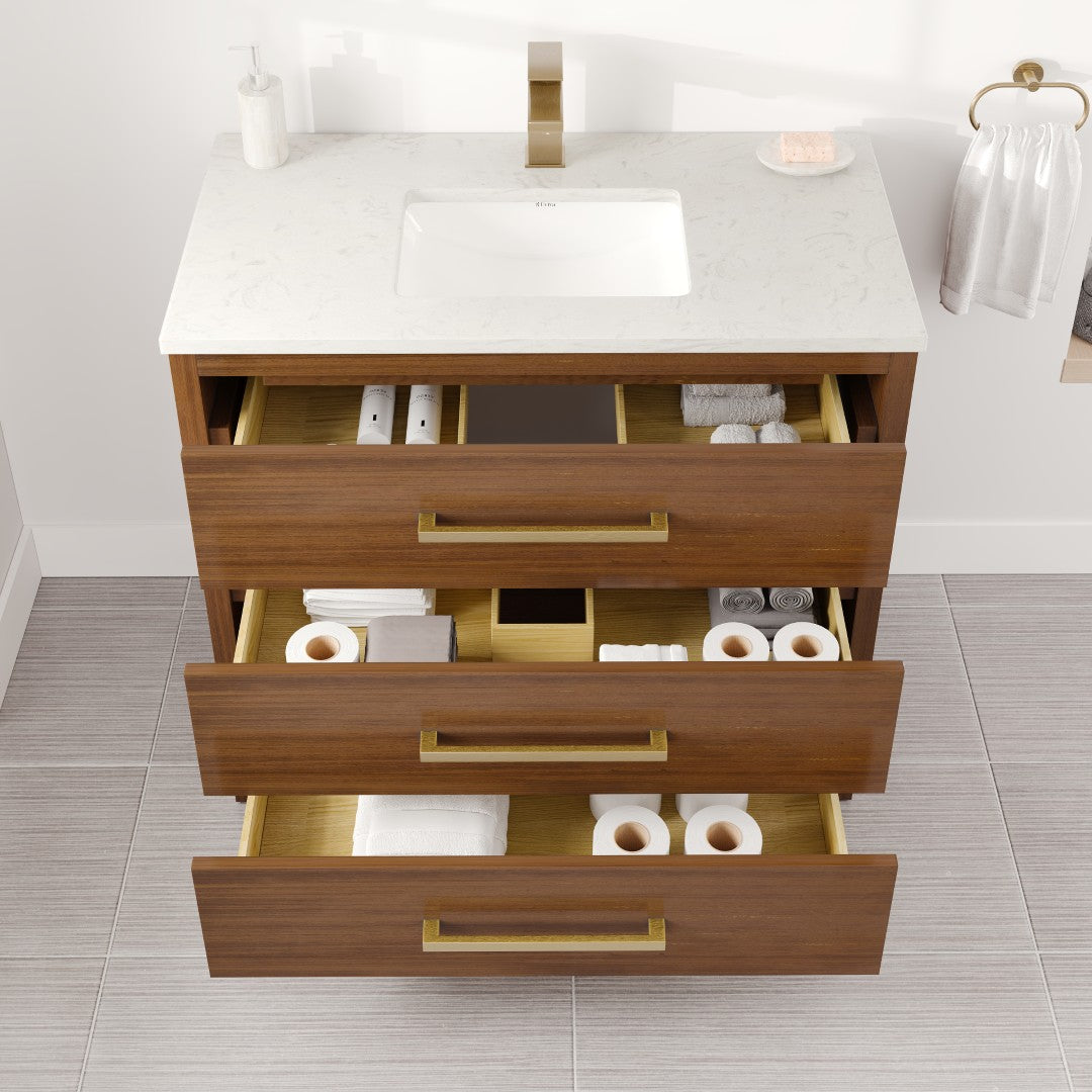 Curio 36 in. Walnut Single Sink Bath Vanity with Carrara Quartz Top and Undermount Porcelain Sink