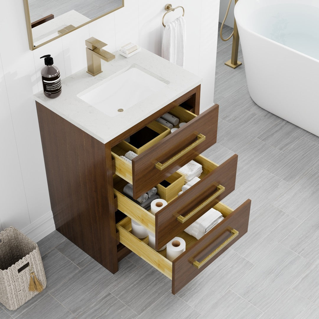 Curio 24 in. Walnut Single Sink Bath Vanity with Carrara Quartz Top and Undermount Porcelain Sink