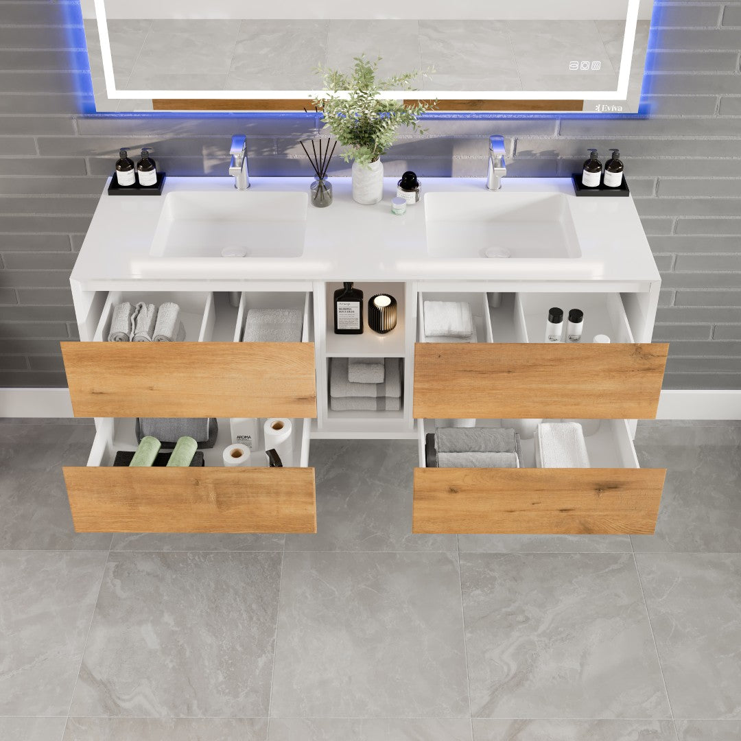 Vienna 60 in. Oak Wall Mount Double Sink  Bath Vanity with Acrylic Top and Integrated Sinks