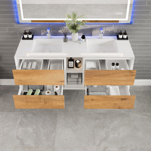 Vienna 60 in. Oak Wall Mount Double Sink  Bath Vanity with Acrylic Top and Integrated Sinks