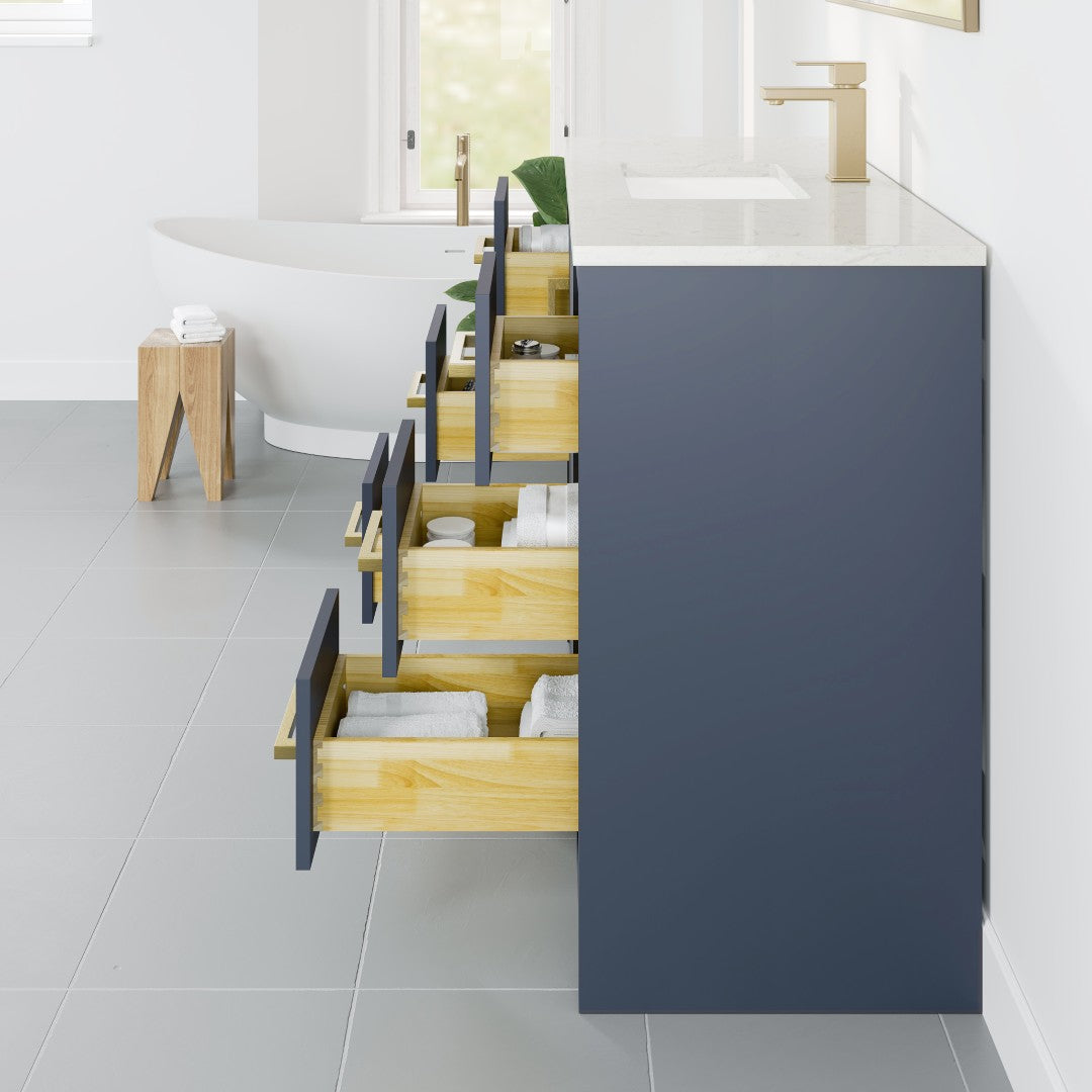 Curio 42 in. Dark Blue Single Sink Bath Vanity with Carrara Quartz Top and Undermount Porcelain Sink