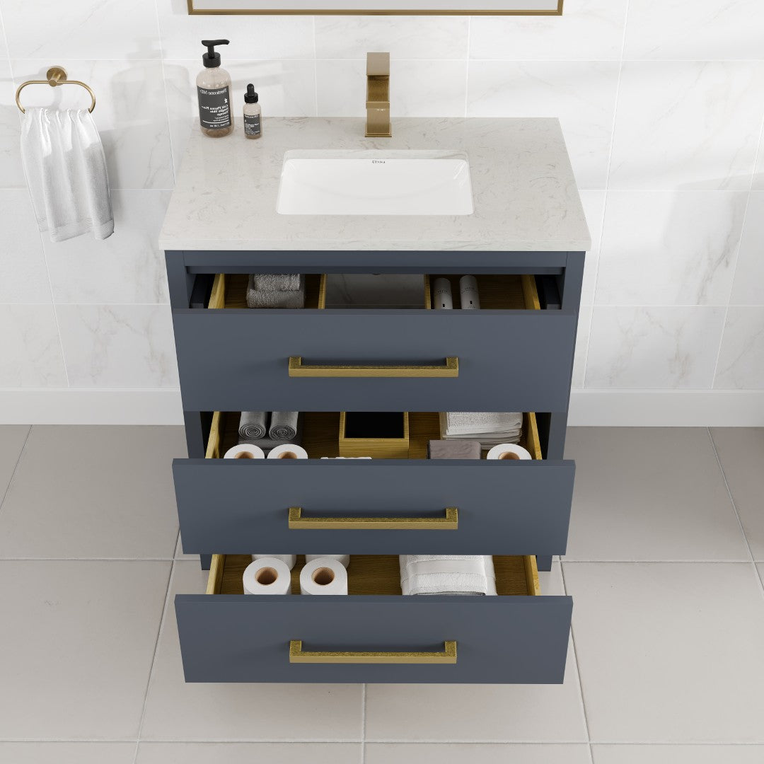 Curio 30 in. Dark Blue Single Sink Bath Vanity with Carrara Quartz Top and Undermount Porcelain Sink