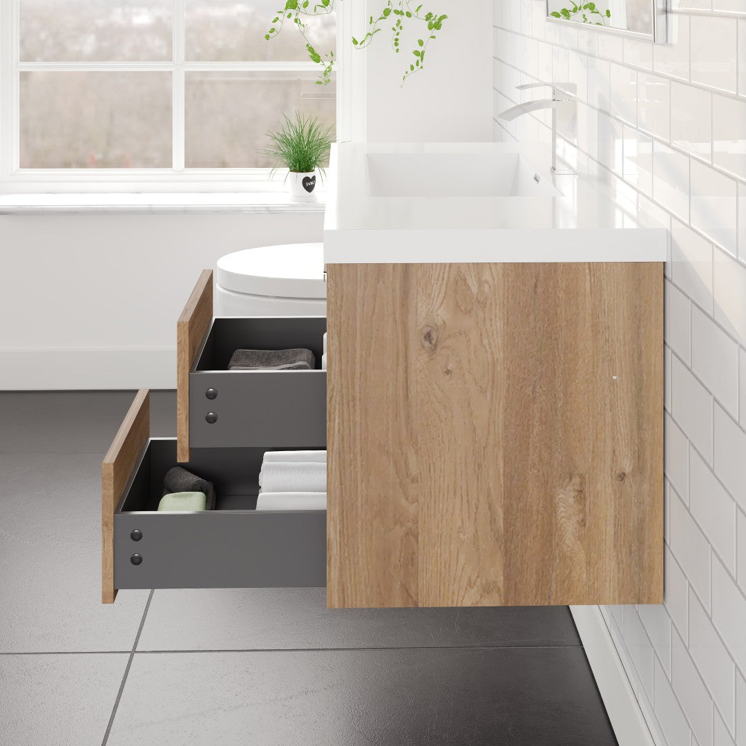Lugano 36 in. Natural Oak Wall Mount Single Sink Bath Vanity with Acrylic Top and Integrated Sink