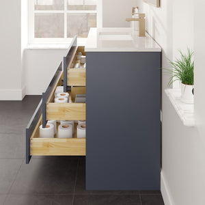 Curio 36 in. Dark Blue Single Sink Bath Vanity with Carrara Quartz Top and Undermount Porcelain Sink