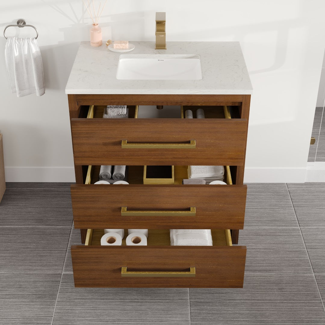 Curio 30 in. Walnut Single Sink Bath Vanity with Carrara Quartz Top and Undermount Porcelain Sink
