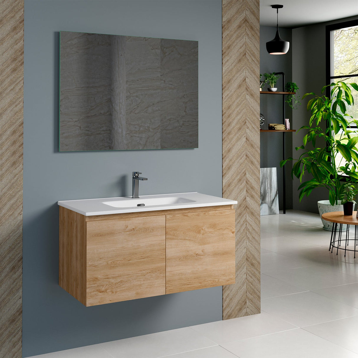 DAX Malibu Engineered Wood and Porcelain Basin Single Vanity Cabinet, 36", Oak DAX-MAL013614-ONX