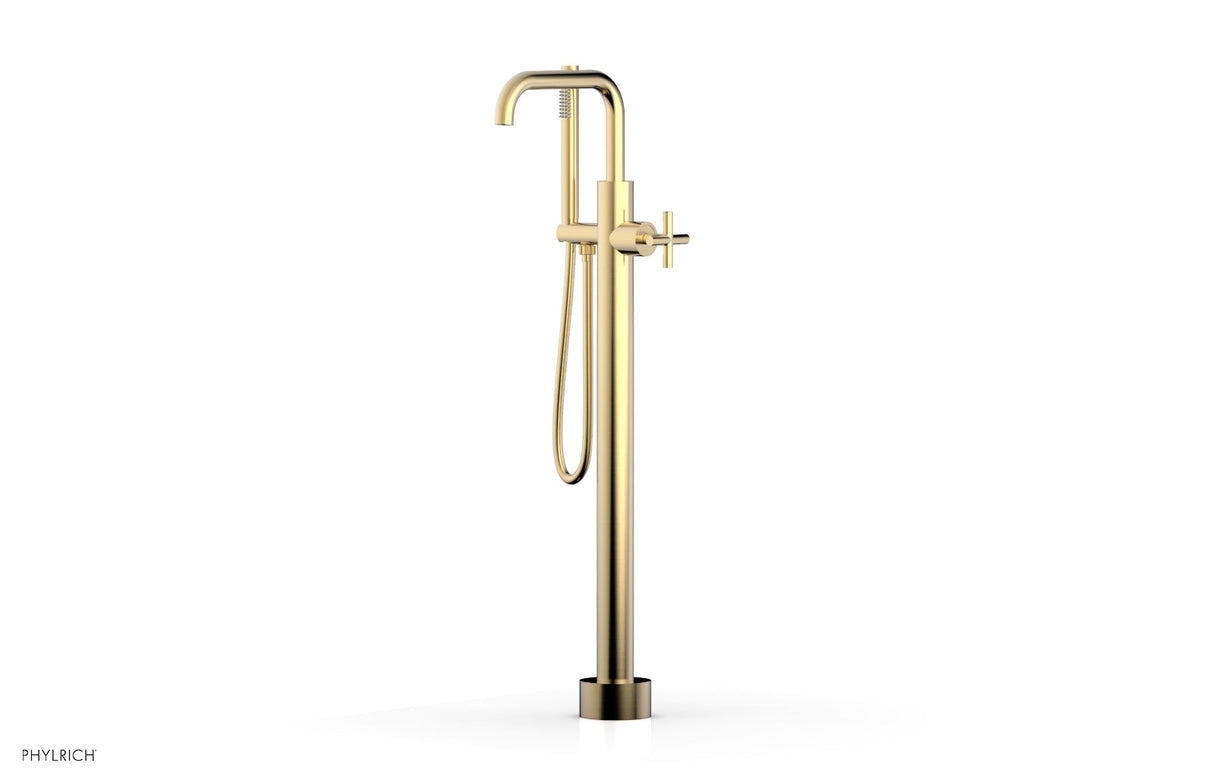 Phylrich 120-46-01-004 TRANSITION Tall Floor Mount Tub Filler - Cross Handle with Hand Shower 120-46-01 - Satin Brass