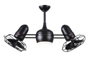 Matthews Fan DGLK-BK-MTL Dagny 360° double-headed rotational ceiling fan with light kit in Matte Black finish with metal blades.