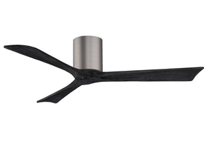 Matthews Fan IR3H-BP-BK-52 Irene-3H three-blade flush mount paddle fan in Brushed Pewter finish with 52” solid matte black wood blades. 