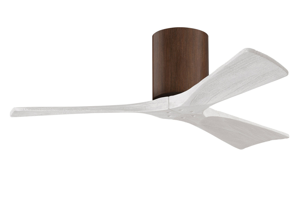 Matthews Fan IR3H-WN-MWH-42 Irene-3H three-blade flush mount paddle fan in Walnut finish with 42” solid matte white wood blades. 