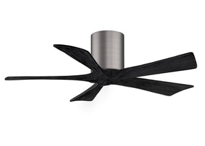 Matthews Fan IR5H-BP-BK-42 Irene-5H five-blade flush mount paddle fan in Brushed Pewter finish with 42” solid matte black wood blades. 
