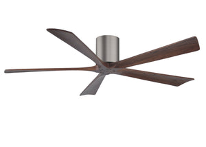 Matthews Fan IR5H-BP-WA-60 Irene-5H five-blade flush mount paddle fan in Brushed Pewter finish with 60” solid walnut tone blades. 