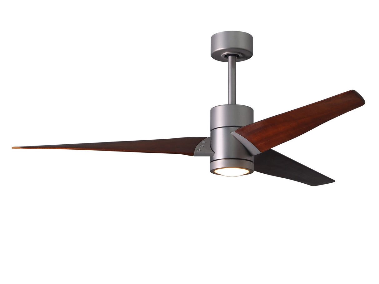 Matthews Fan SJ-BN-WN-60 Super Janet three-blade ceiling fan in Brushed Nickel finish with 60” solid walnut tone blades and dimmable LED light kit 