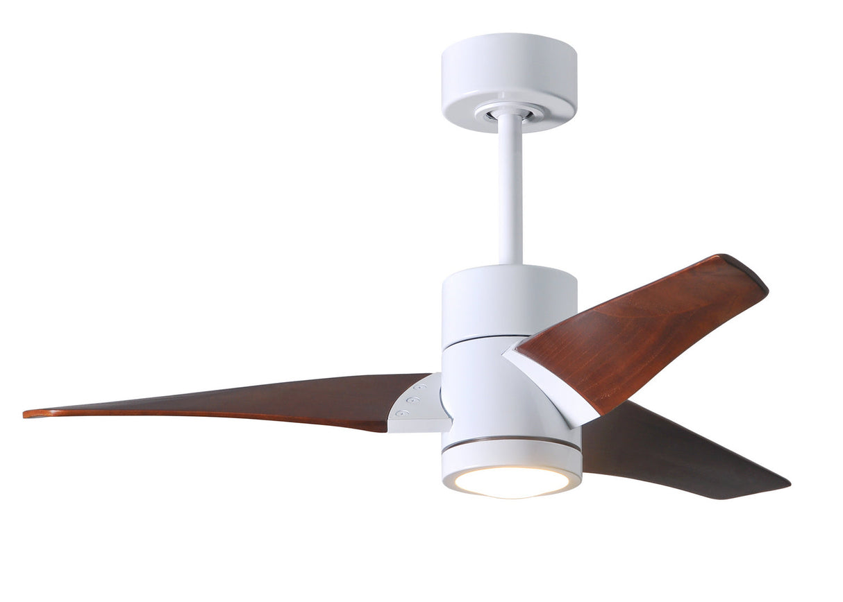 Matthews Fan SJ-WH-WN-42 Super Janet three-blade ceiling fan in Gloss White finish with 42” solid walnut tone blades and dimmable LED light kit 