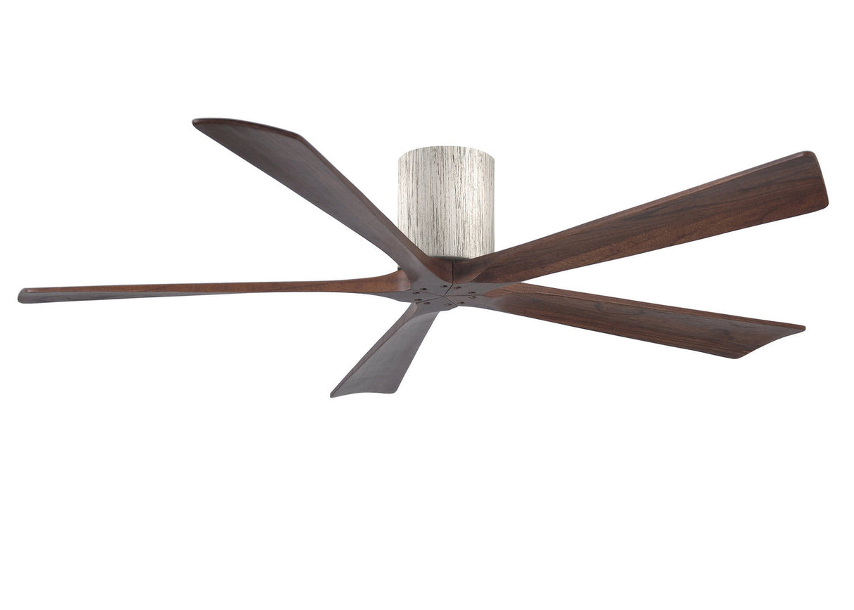 Matthews Fan IR5H-BW-WA-60 Irene-5H five-blade flush mount paddle fan in Barn Wood finish with 60” solid walnut tone blades. 