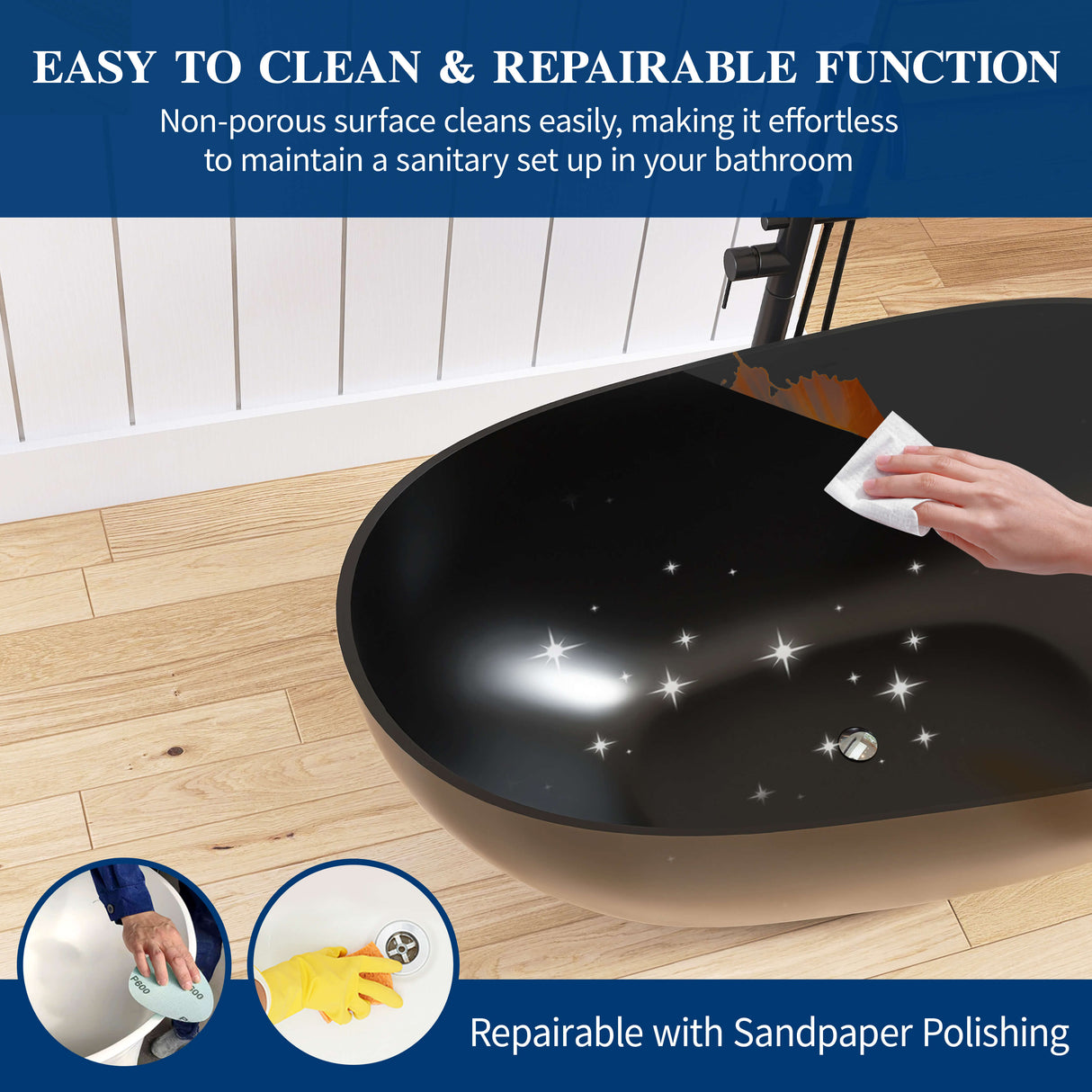 New England Home Goods Kilimanjaro 59" Freestanding Tub in Black - Stone Resin Solid Surface