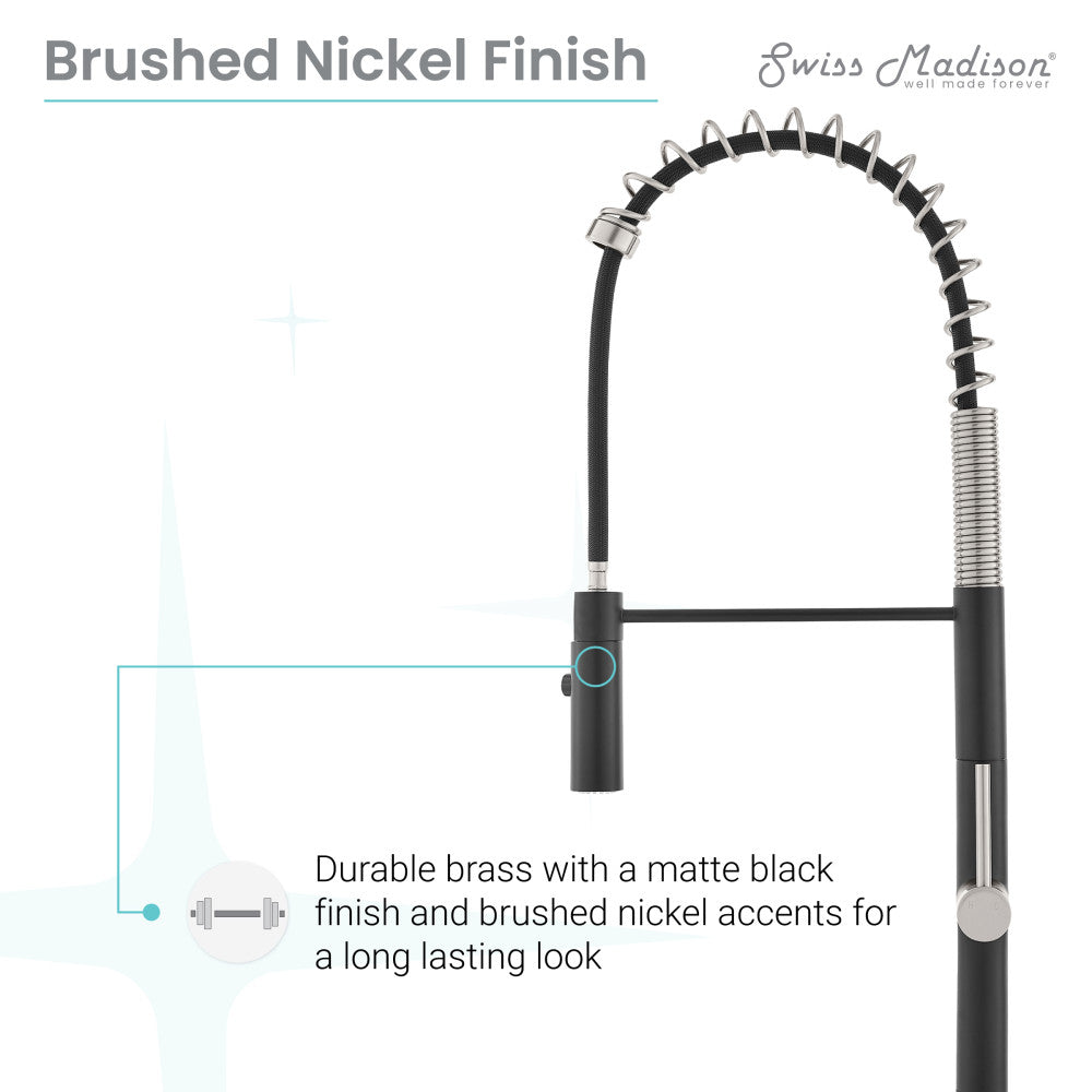 Chalet Single Handle, Pull-Down Kitchen Faucet in Brushed Nickel and Black