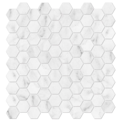 Anatolia Tile 1.25 Inch Bianco Venatino Honed Marble Stone Hexagon Mosaics. 1 Sheet = .95 Sq.Ft. 5001-0022-0 (76-371) Bianco Venatino Hexagon 1.25" Honed - premium natural stone mosaic tile from Anatolia Tile, available at PoshHaus showroom in Keene, NH