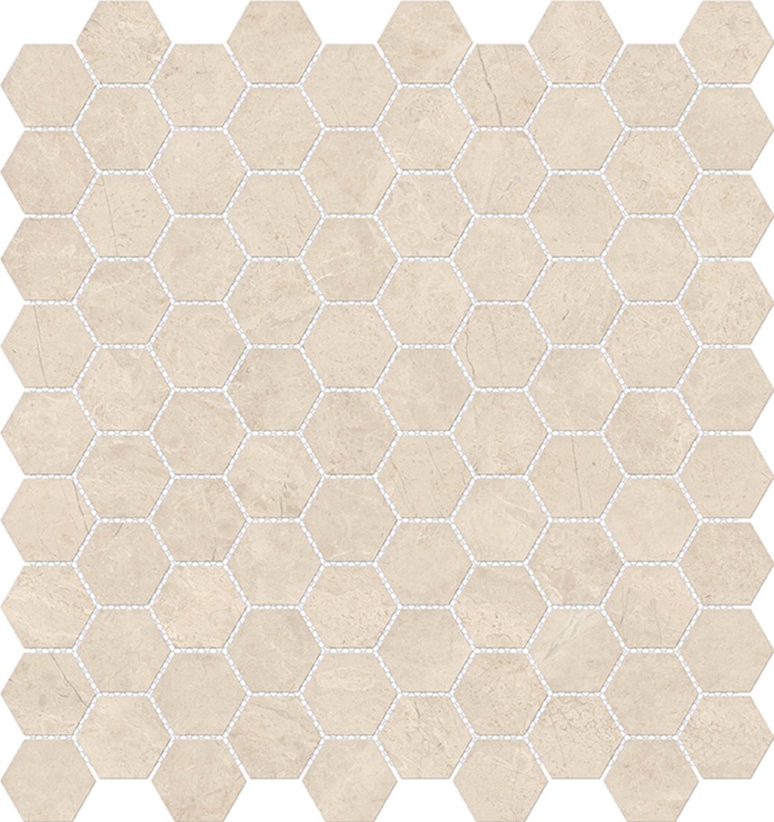 Anatolia Tile 1.25 Inch Mayfair Allure Ivory Polished Porcelain Hexagon Mosaics. 1 Sheet = .97 Sq. Ft. 4501-0145-1 Allure Ivory 1.25" Hexagon - premium natural stone mosaic tile from Anatolia Tile, available at PoshHaus showroom in Keene, NH