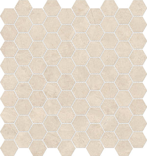 Anatolia Tile 1.25 Inch Mayfair Allure Ivory Polished Porcelain Hexagon Mosaics. 1 Sheet = .97 Sq. Ft. 4501-0145-1 Allure Ivory 1.25" Hexagon - premium natural stone mosaic tile from Anatolia Tile, available at PoshHaus showroom in Keene, NH
