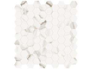 Anatolia Tile 1.25 Inch Mayfair Calacatta Polished Porcelain Hexagon Mosaics. 1 Sheet = .97 Sq. Ft. 4501-0146-1 Calacatta Oro 1.25" Hexagon - premium natural stone mosaic tile from Anatolia Tile, available at PoshHaus showroom in Keene, NH
