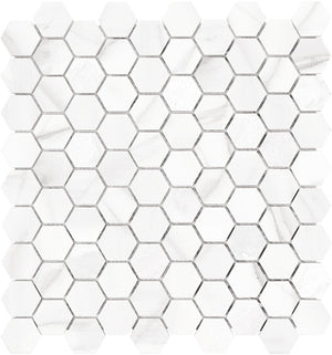Anatolia Tile 1.25 Inch Mayfair Volakas Grigio Polished Porcelain Hexagon Mosaics 1 Sheet = .97 Sq. Ft. 4501-0151-1 Volakas Grigio 1.25" Hexagon - premium natural stone mosaic tile from Anatolia Tile, available at PoshHaus showroom in Keene, NH