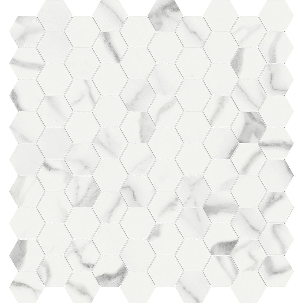 Anatolia Tile 1.25 Inch Mayfair Statuario Venato Polished Porcelain Hexagon Mosaics. 1 Sheet = .97 Sq. Ft. 4501-0147-1 Statuario Venato 1.25" Hexagon - premium natural stone mosaic tile from Anatolia Tile, available at PoshHaus showroom in Keene, NH