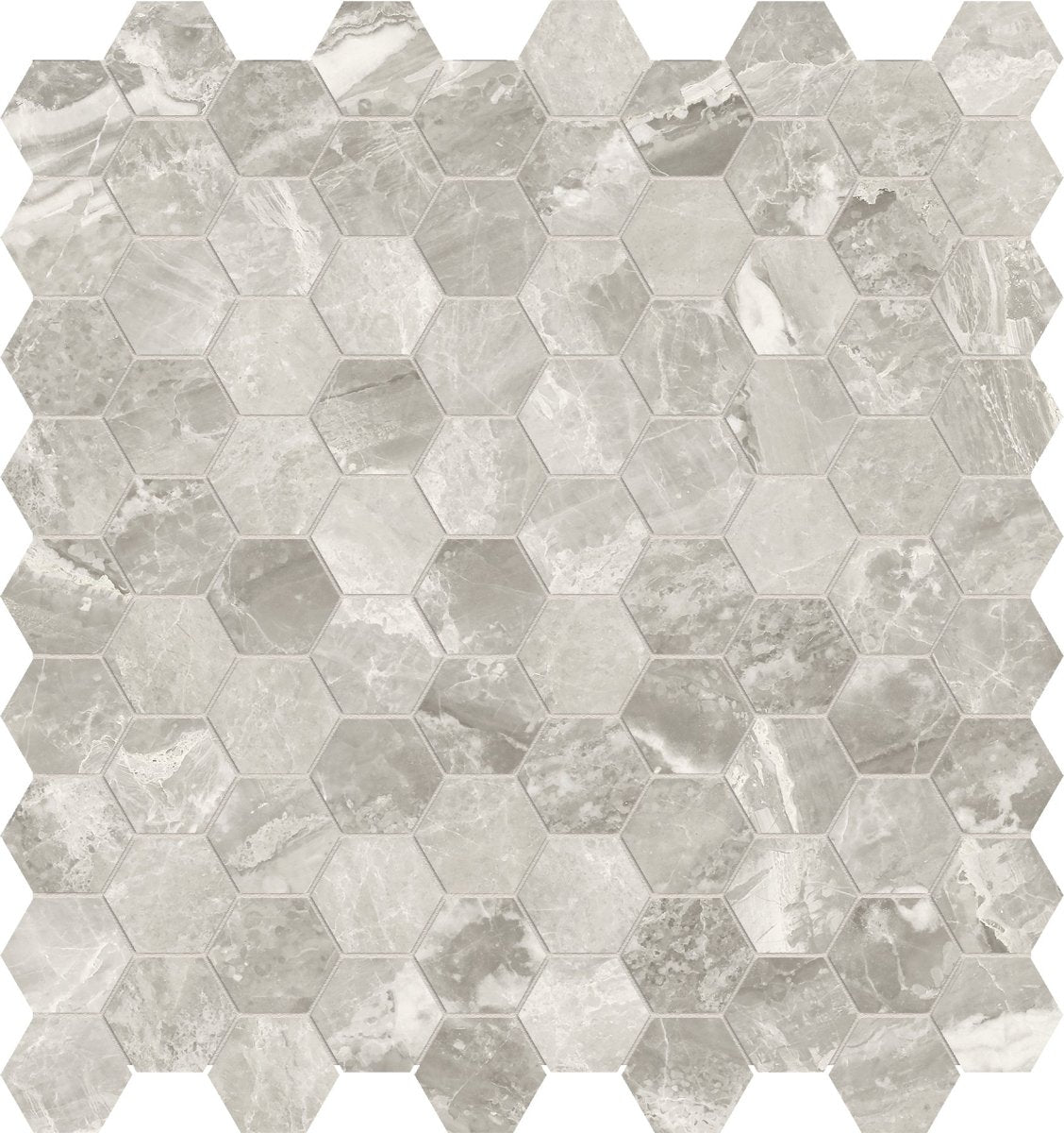 Anatolia Tile 1.25 Inch Mayfair Stella Agento Polished Porcelain Hexagon Mosaics. 1 Sheet = .97 Sq. Ft. 4501-0148-1 Stella Argento 1.25" Hexagon - premium natural stone mosaic tile from Anatolia Tile, available at PoshHaus showroom in Keene, NH