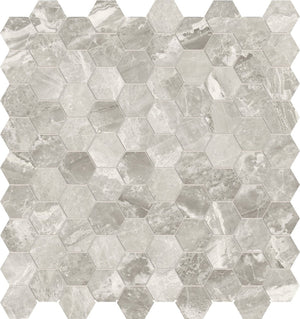 Anatolia Tile 1.25 Inch Mayfair Stella Agento Polished Porcelain Hexagon Mosaics. 1 Sheet = .97 Sq. Ft. 4501-0148-1 Stella Argento 1.25" Hexagon - premium natural stone mosaic tile from Anatolia Tile, available at PoshHaus showroom in Keene, NH