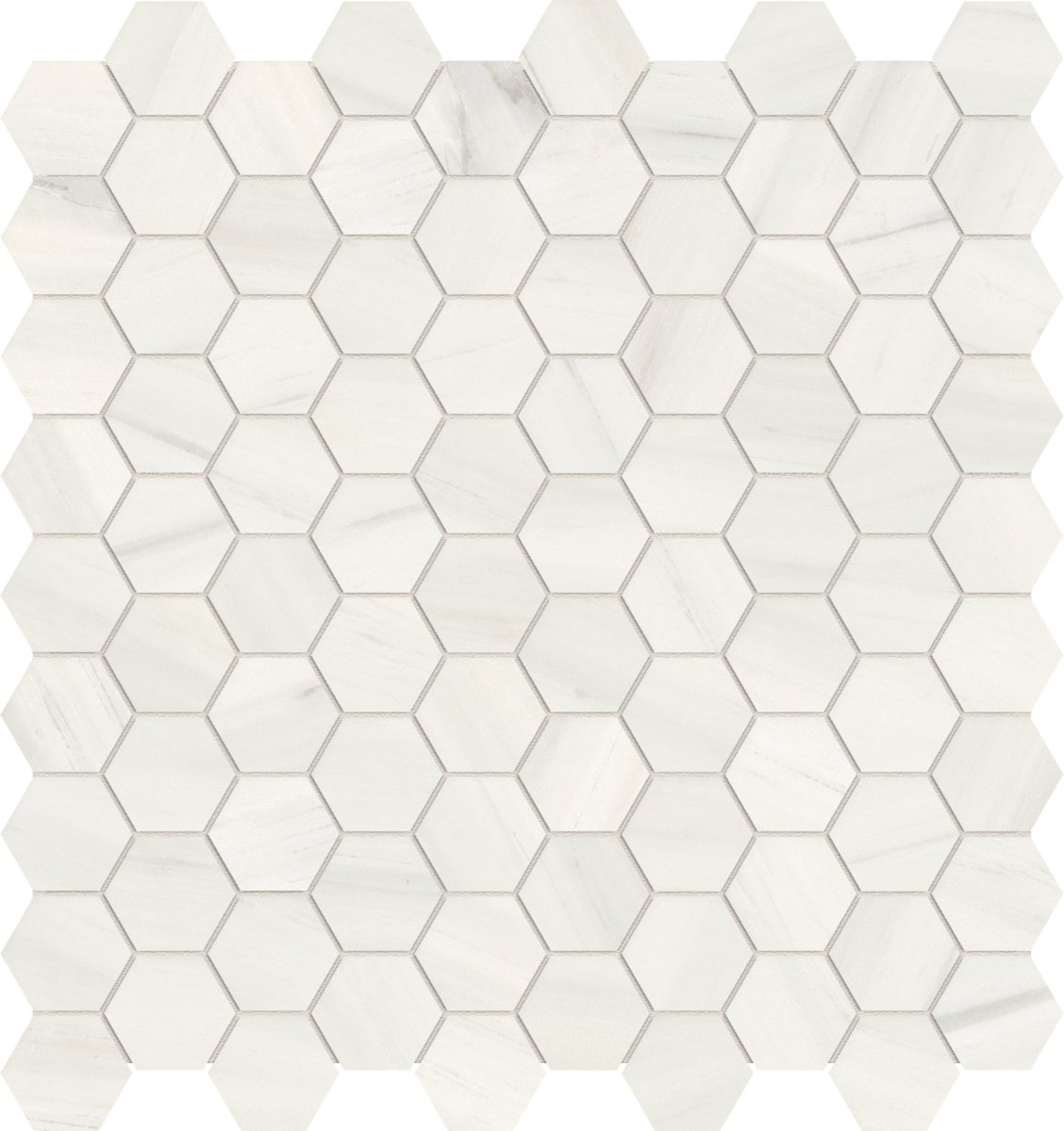 Anatolia Tile 1.25 Inch Mayfair Suave Bianco Polished Porcelain Hexagon Mosaics. 1 Sheet = .97 Sq. Ft. 4501-0150-1 Suave Bianco 1.25" Hexagon - premium natural stone mosaic tile from Anatolia Tile, available at PoshHaus showroom in Keene, NH