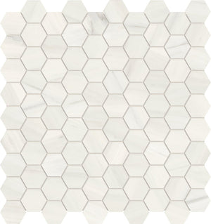 Anatolia Tile 1.25 Inch Mayfair Suave Bianco Polished Porcelain Hexagon Mosaics. 1 Sheet = .97 Sq. Ft. 4501-0150-1 Suave Bianco 1.25" Hexagon - premium natural stone mosaic tile from Anatolia Tile, available at PoshHaus showroom in Keene, NH