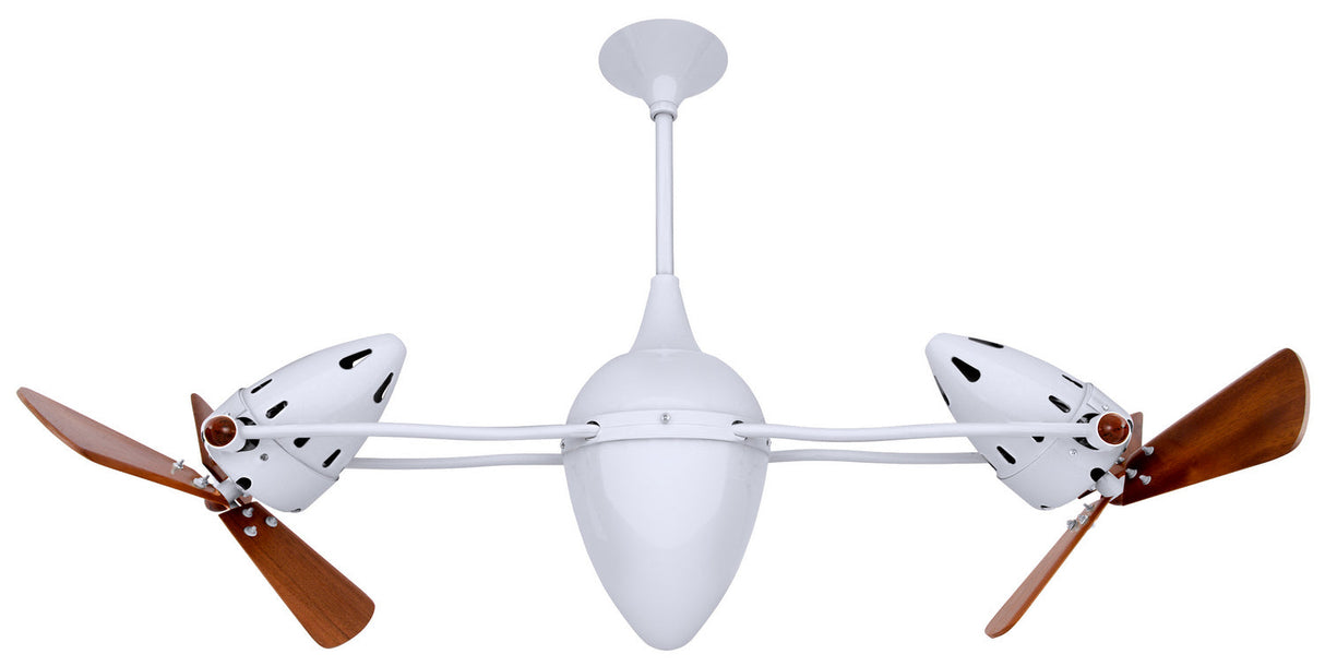 Matthews Fan AR-WH-WD Ar Ruthiane 360° dual headed rotational ceiling fan in gloss white finish with solid sustainable mahogany wood blades.