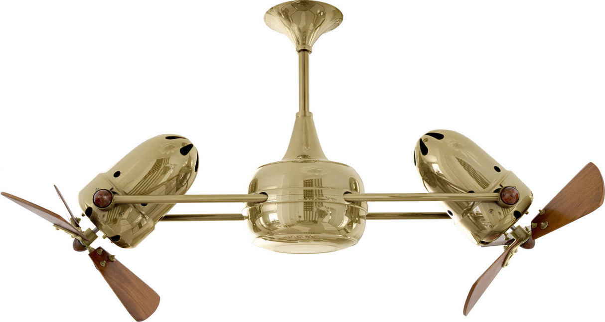 Matthews Fan DD-PB-WD Duplo Dinamico 360” rotational dual head ceiling fan in Polished Brass finish with solid sustainable mahogany wood blades.