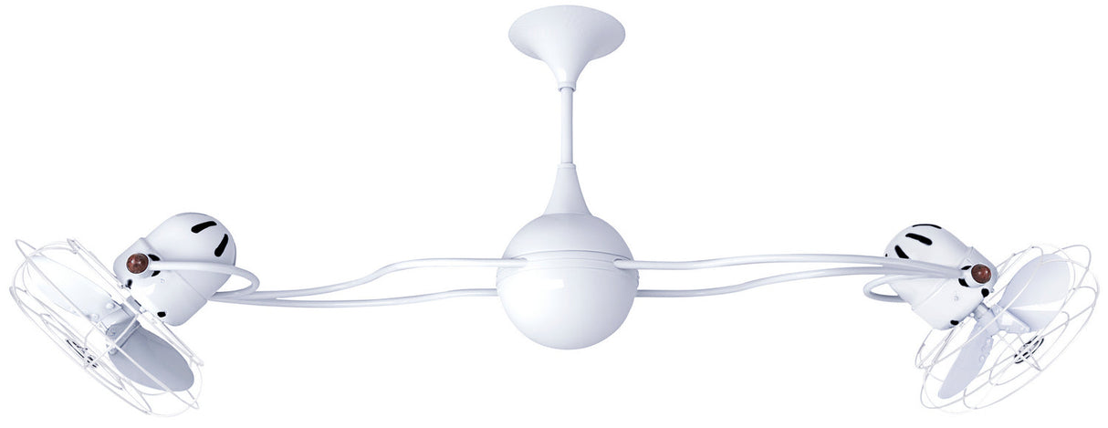 Matthews Fan IV-WH-MTL Italo Ventania 360° dual headed rotational ceiling fan in gloss white finish with metal blades.