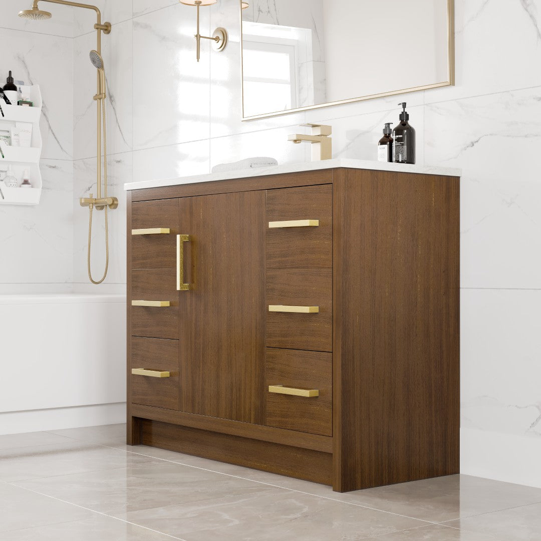 Curio 42 in. Walnut Single Sink Bath Vanity with Carrara Quartz Top and Undermount Porcelain Sink