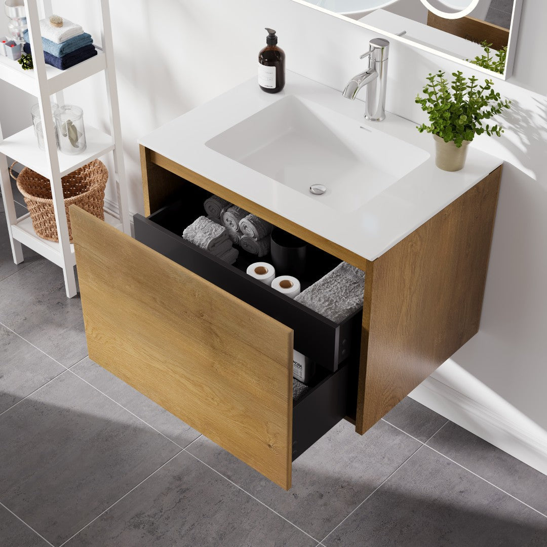 Madeira 20 in. Oak Wall Mount Single Sink Bath Vanity with Acrylic Top and Integrated Sink