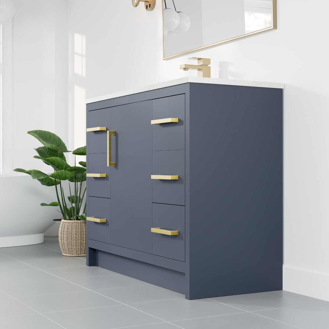 Curio 42 in. Dark Blue Single Sink Bath Vanity with Carrara Quartz Top and Undermount Porcelain Sink