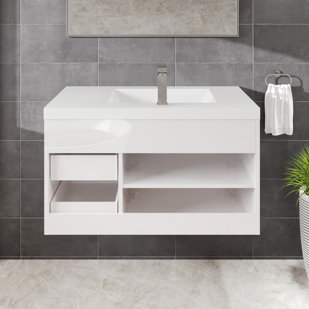 Lugano 36 in. White Wall Mount Single Sink Bath Vanity with Acrylic Top and Integrated Sink
