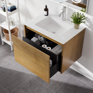 Madeira 24 in. Oak Wall Mount Single Sink Bath Vanity with Acrylic Top and Integrated Sink