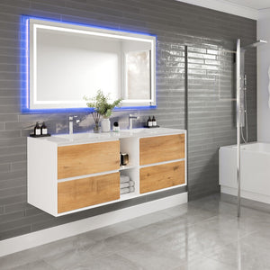 Vienna 60 in. Oak Wall Mount Double Sink  Bath Vanity with Acrylic Top and Integrated Sinks