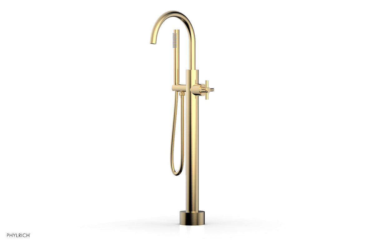 Phylrich D131-44-03-004 BASIC Low Floor Mount Tub Filler - Cross Handle with Hand Shower D131-44-03 - Satin Brass