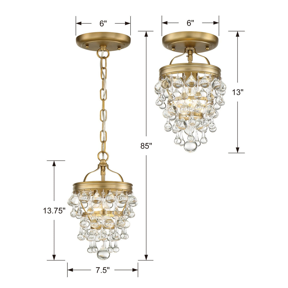 Calypso 1 Light Crystal Teardrop Vibrant Gold Semi Flush Mount 131-VG_CEILING